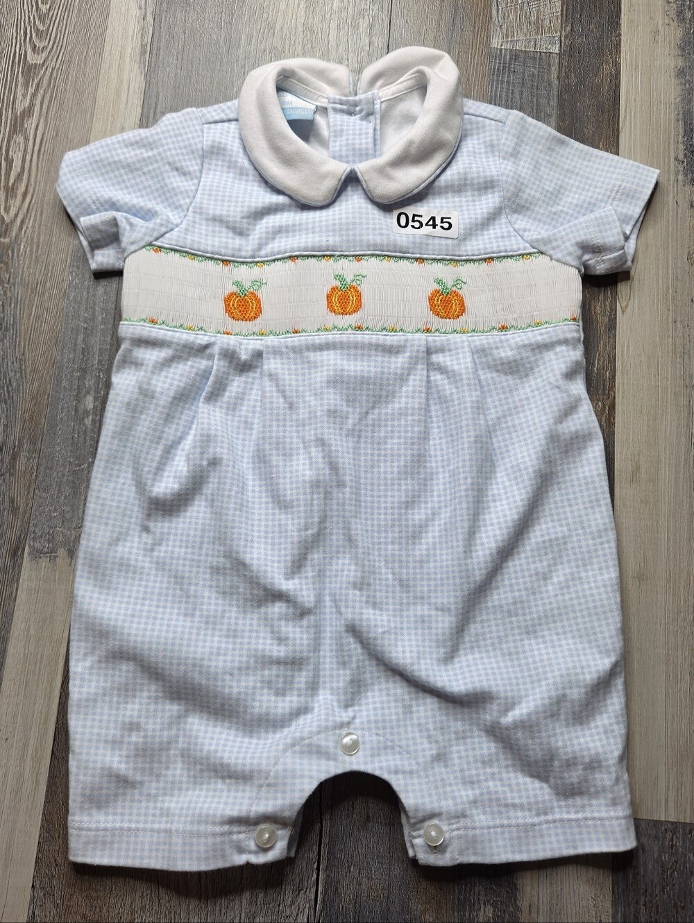 Petit Bella Romper Blue Gingham Pumpkin Smocking Peter Pan Collar 18 Months